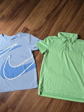 Nike Light Blue Graphic Tee and Bright Green Striped Polo Tee EUC 6/7